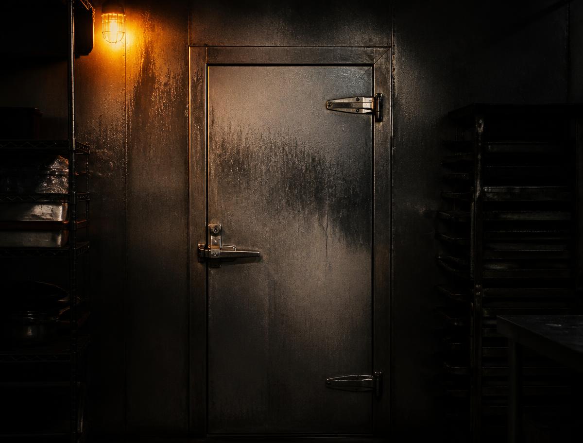 Stainless walk-in cooler door in a dark restaurant back of house